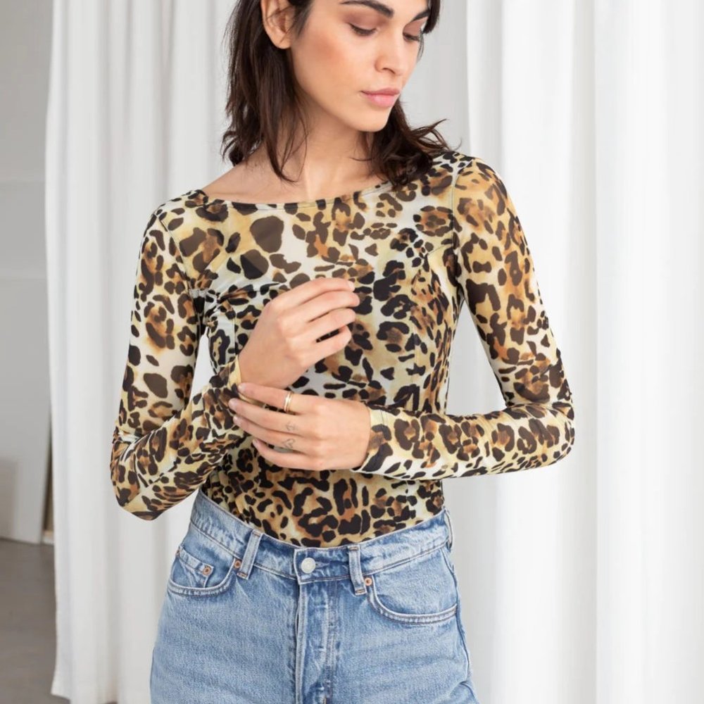 & Other Stories cheetah mesh scoop back top